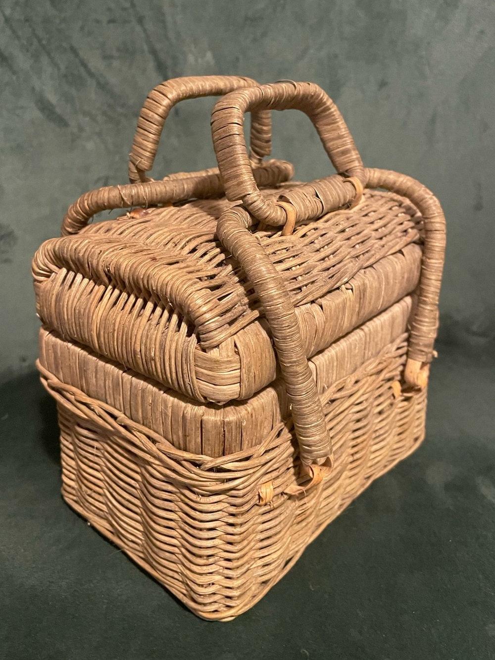 50s Antique Individual Picnic Basket Wicker Hinged Cottagecore